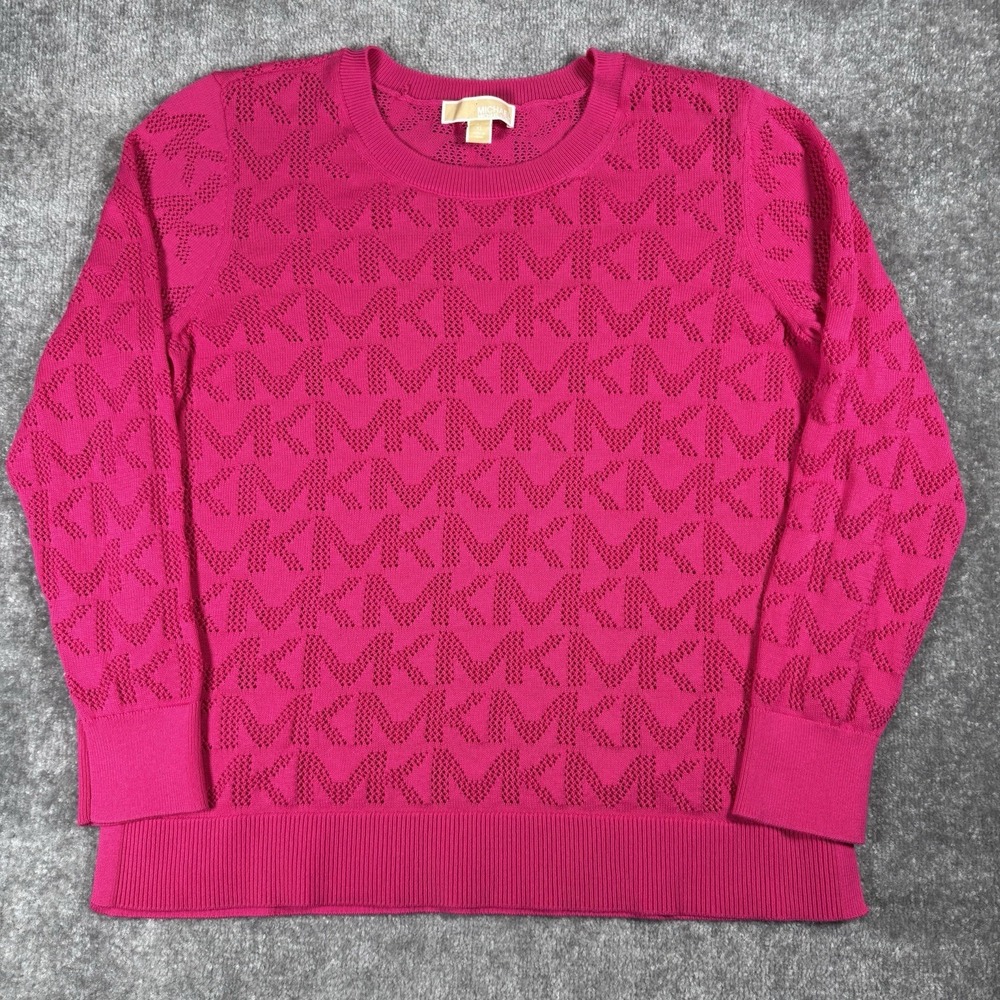 Michael Kors Sweater Women's XL Pink MK Jacquard Knit Crew Neck